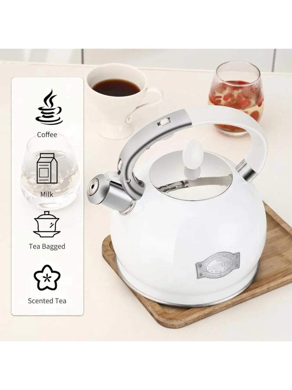 White Whistling 2.64QuartT Stainless Steel with Cool Touch Handle Tea kettles